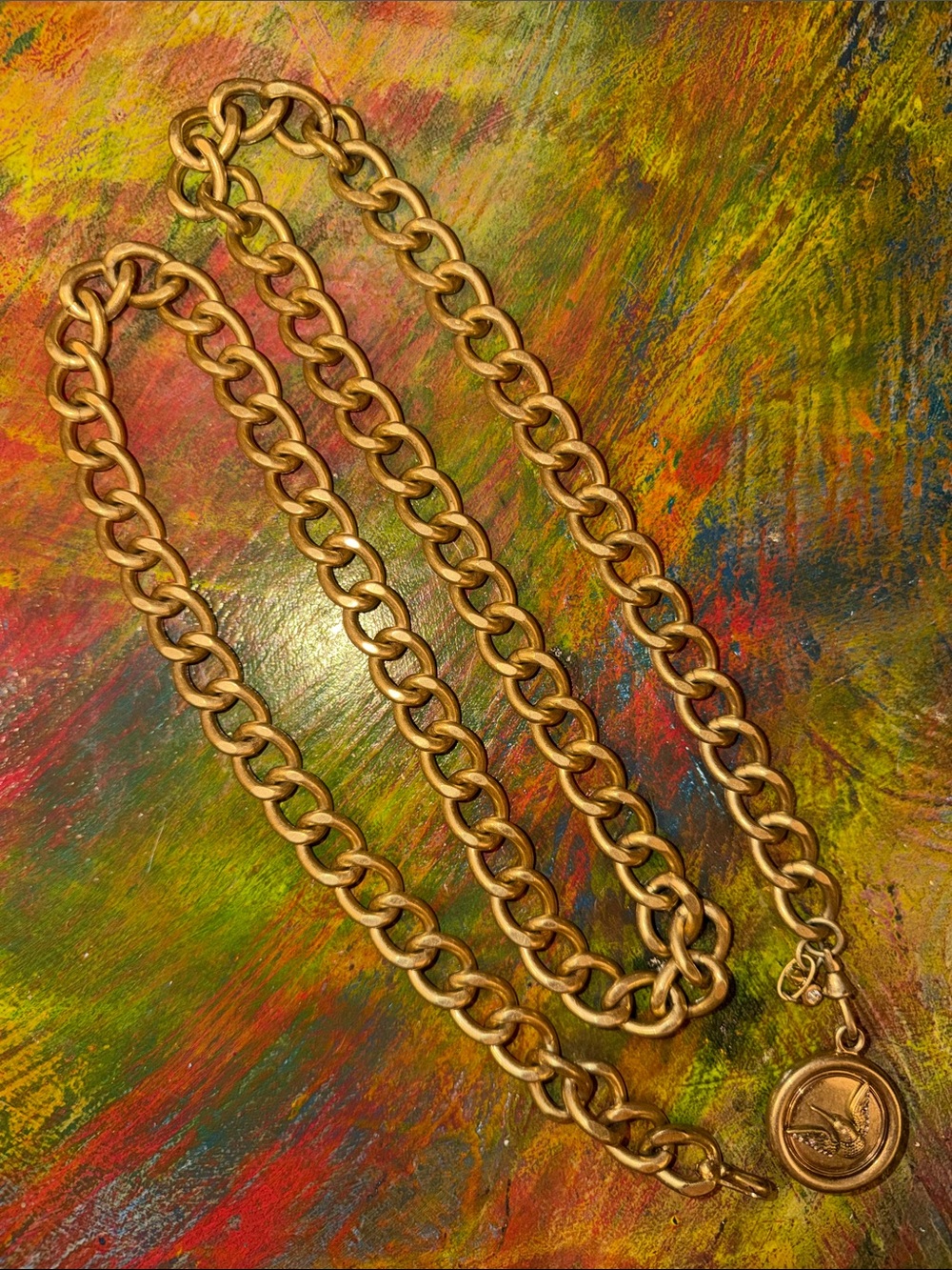 Cabi Gold tone Chain Link Belt Chunky ~42" w. Medallion Pendant 90th Hummingbird